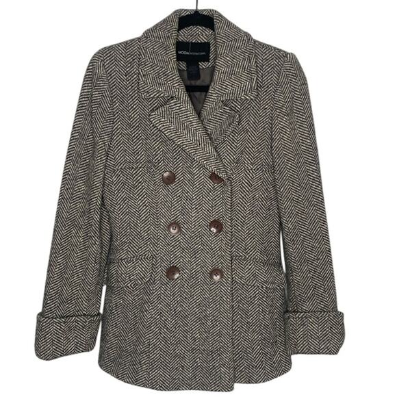 MODA International Gray White houndstooth Wool Blend Double Breast Coat Sz S - Picture 1 of 9